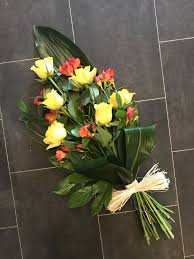 Yellow Rose And Orange Freesia Tied Sheaf Funeral Flowers Tribute Fresh Flowers Arrangements Beautiful Flower Arrangements Funeral Floral Arrangements