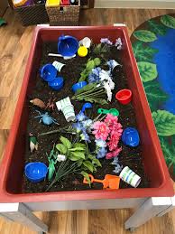 Spring Sensory Table Soil Fake Flowers Shovels Rakes Cups Etc Sensory Table Kindergarten Sensory Toddler Sensory