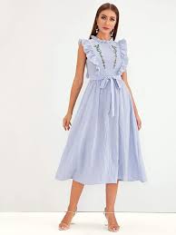 Frilled Neck Ruffle Trim Embroidered Striped Dress Shein Usa Womens Trendy Dresses Ruffle Trim Dress Maxi Dress With Sleeves