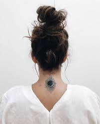 Shining Moon Tattoo On The Back Of The Neck Neck Tattoo Cover Up Eclipse Tattoo Moon Tattoo