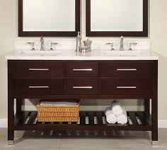 What are the options for cabinet shades within bathroom vanities? 60 Inch Modern Cherry Double Sink Bathroom Vanity Open Shelf