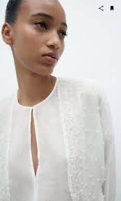 Zara White 100% Linen Silk-like Shirt Blouse Top Size SMALL Embellished  Beaded