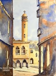 water painting by artist chawki dalal lebanon لوحة جديدة تكريما للكويت من تراث دولة الكويت مسجد المعاذ فرجان الكويت في ستينات art landmarks painting