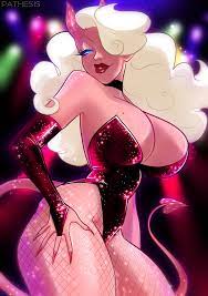 blue eyes blush dancer demoness devil eyelashes eyeshadow  lipstick night nightclub oc pathesis pathesisnsfw pathesisx pink skin puffy  lips red lipstick rosie heart sparkle sparkles strawberry strip club  stripper