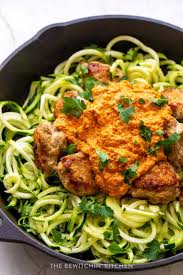 This easy zoodles recipe is low carb, gluten free, and super delish! Romesco Chicken Meatballs With Zucchini Noodles The Bewitchin Kitchen