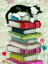 gato de la pintura que duerme en una pila de libros gatos tiernos illustrasyonlar kedi sanati kedi