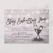 Wedding Postponement Stay Home Stay Safe Champagne Announcement Postcard Zazzle Com Wedding Invitations Stationery Postcard Save The Date Postcards