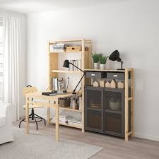 Ivar Shelf Unit W Table Cabinets Drawers Pine Gray Mesh Ikea In 2021 Ikea Shelves Cabinet Drawers