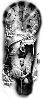 Black And Grey Tattoo Design Clock Angel Sky Stairs Time Sky Clouds Design Tattoo Black And Grey Angels Sky Tattoos Heaven Tattoos Black And Grey Tattoos