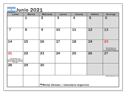 1 de enero (año nuevo), 15 y 16 de febrero (feriados de carnaval), 24 de marzo (día nacional de la memoria por la verdad y la justicia), 2 de abril (día del veterano y de los caídos en la guerra de malvinas y viernes santo), 1 de mayo (día del. Calendarios Junio 2021 Dias Feriados Michel Zbinden Es