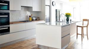 white handleless kitchen wooden worktop