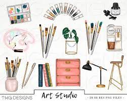 Art Studio Fashion Girl Clip Art Watercolor Clipart Artist Paint Supplies Painter Watercolor Flowers Hand Drawn Planner Sticker Graphics Art Studio Clip Art Planner Stickers