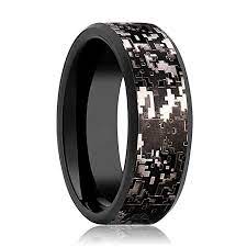 Men S Black Tungsten Wedding Band With Black Digital Camouflage Inlay And Bevels 8mm Mens Wedding Bands Tungsten Black Tungsten Wedding Bands Black Tungsten Wedding Band