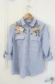 Floral Embroidered Blue Shirt Linen Shirt Hand Embroidery Embroidered Flowers Upcycled Shirt Upcycle Shirt Embroidered Shirt Diy Floral Embroidered Shirt