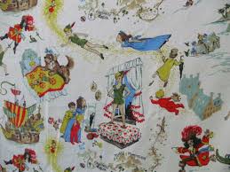 Vintage Peter Pan Fabric Tinkerbell 3 Curtains Neverland 1950s Kitsch Bark Cloth Barkcloth Disney Fabric Peter Pan Nursery
