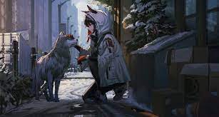 arknights animal ears wolf snow coats smiling city trash kneeling 720p wallpaper hdwallpaper desktop anime scenery animal ears anime wallpaper