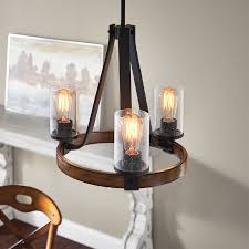 Kichler Barrington 17 99 In 3 Light Distressed Black And Wood Rustic Clear Glass Candle Chandelier Wood Chandelier Clear Glass Chandelier Wooden Chandelier