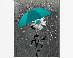 Teal Bathroom Decor Daisy Flower Umbrella Raindrops Wall Art Teal Gray Home Decor Picture Gray Bathroom Decor Teal Bathroom Decor Beach Wall Decor