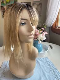 Jeanette Light Density 100% Human Hair Topper Wig Warm Light Blonde Ombré Root Color Blend Silk Top Parting Topper