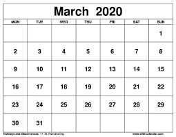 March 2020 Printable Monday Calendar Free Printable Calendar Templates Printable Calendar Template Calendar Template