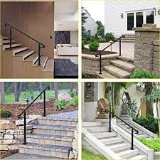 Install a handrail for outdoor steps by setting a post at the base of the steps, cutting the post to the angle of the stairs, and attaching the top rail. Buy Vevor Wrought Iron Handrail Fit 3 Or 4 Steps Outdoor Stair Railing Adjustable Front Porch Hand Rail Black Transitional Hand Railings For Concrete Steps Or Wooden Stairs With Installation Kit Online
