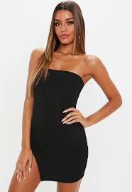 Black Bandeau Ribbed Thigh Split Mini Dress Missguided Mini Dress Strapless Dresses Short Black Short Dress