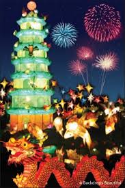 Lunar New Year Festival Celebration With Fireworks Hand Painted Backdrop Rentals Sales By Backdr Backdrops Beautiful Backdrops Chinese New Year Decorations