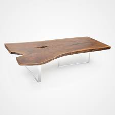 Modern coffee tables with tempered glass legs, easy assembly and clean. Live Edge Claro Walnut Coffee Table Acrylic Base 002 Rotsen Furniture