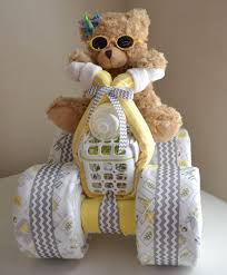 Chevron Design Diaper Cake 4 Wheeler Quad Atv Motorcycle Teddy Bear Baby Gift Cake Centerpiece B Gateau De Bebe Bricolage Baby Shower Gateau De Couches