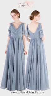 V Neck Long Chiffon Bridesmaid Dress With Flutter Sleeves Tbqp466 Bridesmaid Dresses Long Chiffon Blue Chiffon Dresses Prom Dresses Long