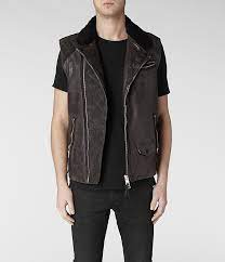 Mens Raven Sleeveless Leather Biker Jacket Anthracite Allsaints Com Leather Jacket Men Biker Jacket Latest Mens Fashion