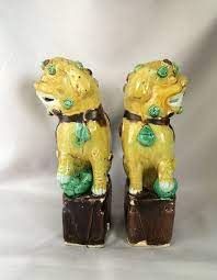 Nice pair green yellow asian chinese porcelain foo dogs h 8 1 2. Vintage Ceramic Foo Dogs Yellow Green Brown Biscuit Glazed Porcelain Chinese Guardian Lions True Pair Male Female Foo Dog Vintage Ceramic Porcelain Animal