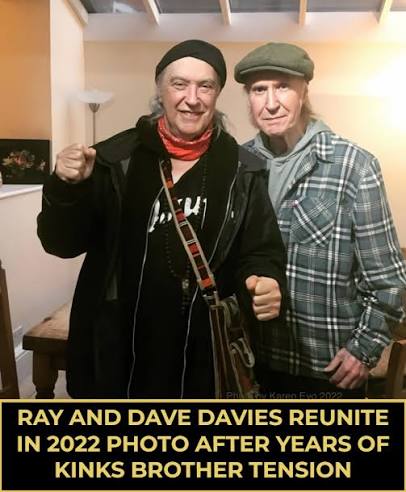 British rock icons Ray and Dave Davies of The Kinks appear together in a  2022 photo, offering a rare, front-and-center moment between the brothers. Ray  Davies is widely recognized as the band's