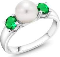 Gem Stone King 925 Sterling Silver Freshwater Pearl and Green Nano Emerald  Ring For Women (0.80 Cttw, Gemstone May Birthstone)