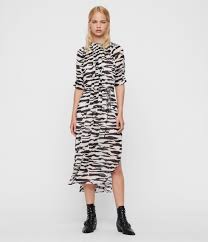 Allsaints Leather Xena Long Zephyr Zebra Print Dress In Ecru White Black Lyst