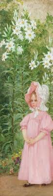 elizabeth sonrel french 1874 1953 fillette en rose dans un jardin de lys oil on panel signed and canvas art for sale art paintings for sale beautiful art