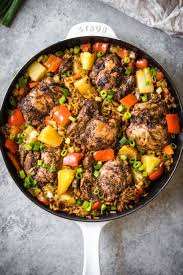 One Pan Caribbean Jerk Chicken With Pineapple Coconut Rice Ambitious Kitchen Recipe Healthy Dinner Recipes Easy Healthy Dinner Recipes Healthy Dinner
