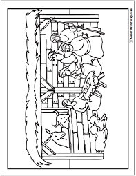 Print and colour santa claus with elves and reindeer, christmas trees with decorations and gifts. Christmas Nativity Coloring Page Stable Scene