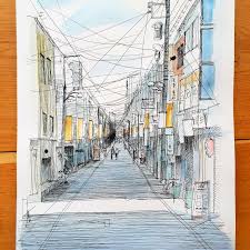 Japanese Street Scene Crayon Pencil Drawing On Paper Street Painting Cool Drawings Dream Art