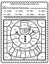 Free Winter Color By Number Adding And Subtracting Using A Number Line Subtraction Winter Math Number Line