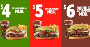 The burger king menu offers salads, shakes, chicken sandwiches, coffee, desserts and a large selection on their kid's menu called king jr meals. Burger King Offers Whopper Meal Deals Ranging From 4 To 6 Brand Eating
