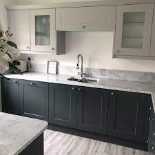 It doesn't get much light, so it was purposefully made even darker. Two Tone Pebble And Castlerock Shades Of Grey And A Breathtaking Marble Worktop Castlerock D Shaker Style Kitchens Kitchen Cabinet Design Kitchen Styling