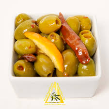 Pitted Spicy Tangerine Green Olives, DEVOO, & Greek Herbs Mix (16oz container) - Dimitri Extra Virgin Olive Oil
