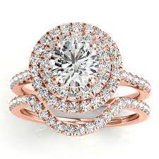 Diamond Double Halo Bridal Set Setting 14k Rose Gold 0 50ct Pink Gold Ring Engagement Contour Wedding Band Bridal Sets