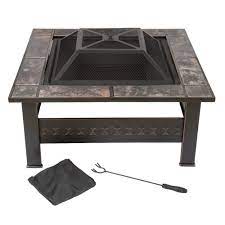 Square fire pit replacement pan. Pure Garden 32 In Steel Square Tile Fire Pit With Cover M150074 The Home Depot