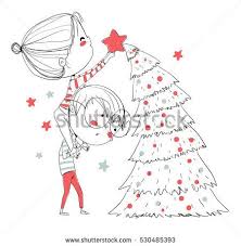 Girl And Boy Decorating The Christmas Tree Valentines Illustration Christmas Tree Drawing Valentines Day Drawing