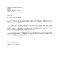 Resignation - None - Jollibee Foods Corporation Jb Jollibee Talavera Bayan  July 5, 2021 Greeting! To - Studocu