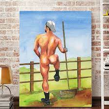 Póster de hombre gay desnudo, decoración de pared en lienzo (lienzo  enmarcado de 16 x 24 pulgadas), interés gay masculino, granjero desnudo  para decoración del hogar, estirado y enmarcado, listo para colgar :