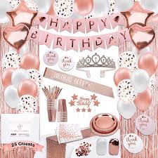 Black and white theme 18th birthday cake with exploding stars. Buy 225 Pc Rose Gold Birthday Party Decorations Kit For Girls Teens Women Happy Birthday Banners Curtains Table Runner Balloons Sash Tiara Cake Topper Plates Cups Napkins Straws For 25 Guest