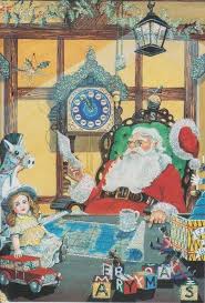 Pere Noel A Grande Barbe Blanche Et Lorgnons Assis Dans Son Fauteuil Pere Noel Carte Noel Noel
